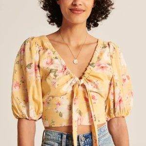 Abercrombie Low V Neck Tie-Front Puff Sleeve Crop Top Yellow Floral